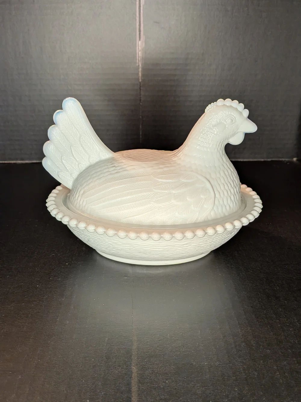 Vintage Indiana White Milk Glass Hen on Nest Covered Dish Beaded Edge Glossy